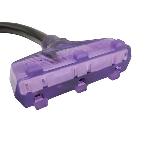 Close-up of purple lighted receptacle on Dryer Adapter Cord 10-30P to Three 5-15R Outlets, 125V Output Up to 3750W, 1 Ft converter