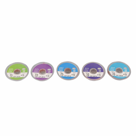 Five spools of Pro Grade Copper Solder Wick Set With Five Widths From 1.5Mm To 3.5Mm, 1.5M Each, labeled by size on white background