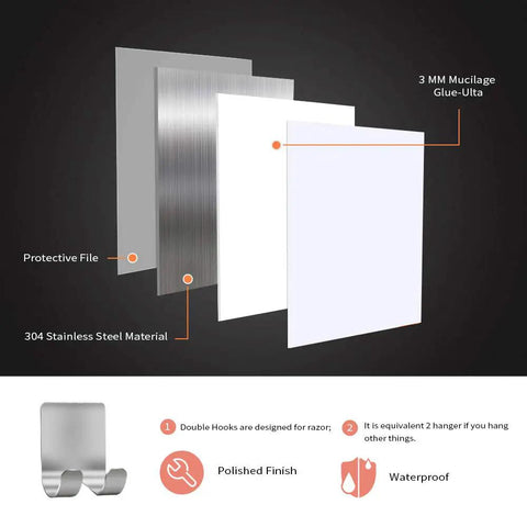 Layered view of Heavy Duty Stainless Razor Holder Hook Set 2 Pack Self Adhesive No Tools Needed No Drill Bathroom And Kitchen Organizer