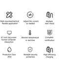 Icons showing features of Adjustable Current Delay Level 2 Portable EV Charger 16A 32A High Speed EVSE Charging Station
