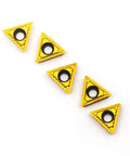 Pack of five TCMT090204 carbide turning inserts for CNC lathe; triangle shape with tin coating. Fast cutting for steel and cast iron.