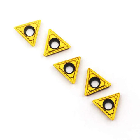 Pack of five TCMT090204 carbide turning inserts for CNC lathe; triangle shape with tin coating. Fast cutting for steel and cast iron.