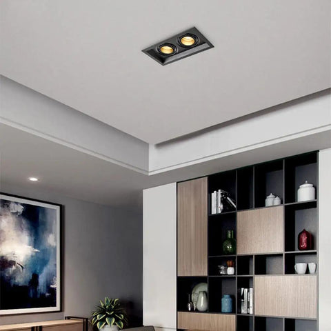 Upgrade Your Space Today With These Top Shelf Six Pack Adjustable Gimbal Eyeball Led Dimmable Canless Recessed Downlights Just Pop In The 14 Watt Dual Head Retrofit Kit For Instant Swivel Lighting That Slaps in a modern living room ceiling.
