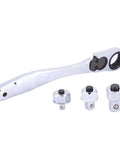 Premium Chrome Multitool Ratchet Wrench With Socket Adapter Set, chrome finish, designed for garage repairs, includes handle and sockets.