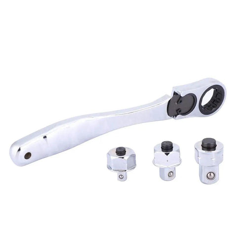 Premium Chrome Multitool Ratchet Wrench With Socket Adapter Set, chrome finish, designed for garage repairs, includes handle and sockets.