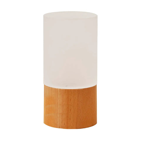 Cozy Beech Wood Table Lamp With Dimmable LED Light, featuring a white cylindrical shade and wooden base, perfect for nightstands.