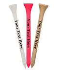 White Wooden Golf Tees 100 Pack 2 And 3 Quarter Inch Customizable Two Line Personalization Durable Bulk Golf Tees For Men And Women Perfect Gift And Practice Tee Set For Any Golfer showing three colored tees with 'Your Text Here' imprints.