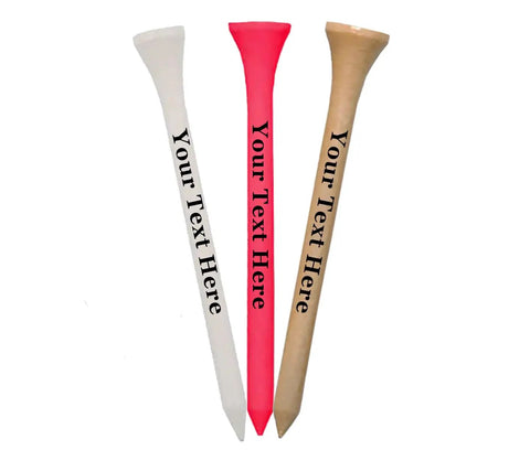 White Wooden Golf Tees 100 Pack 2 And 3 Quarter Inch Customizable Two Line Personalization Durable Bulk Golf Tees For Men And Women Perfect Gift And Practice Tee Set For Any Golfer showing three colored tees with 'Your Text Here' imprints.