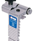 Rock Solid Precision Router Table Stop With Dead Nuts Accurate Lens Cursor and Swift Swing Away Fence Lock, aluminum gauge for precise wood cutting.