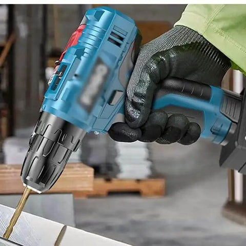 Premium Multifunctional Cordless Electric Drill Kit Featuring Badass Torque Copper Core Motor Quick Charge in use drilling.