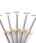 Stainless Steel 12mm Trapezoidal Lead Screw 1000mm With Copper Nut For 3D Printers Includes Stainless Steel Rod And Copper Nut 2mm To 20mm Lead Options Durable Beefy Precision Linear Motion Component For DIY Builds. Lead 2mm to 12mm shown