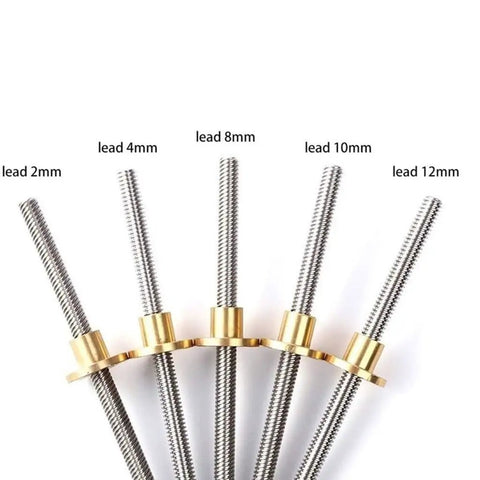 Stainless Steel Trapezoidal Lead Screw With Brass Nut For 3D Printers, T12 Type, showing various lead sizes from 2mm to 12mm.