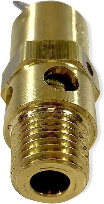 Brass industrial pressure relief valve, close-up, 1/4 in. NPT male threads.