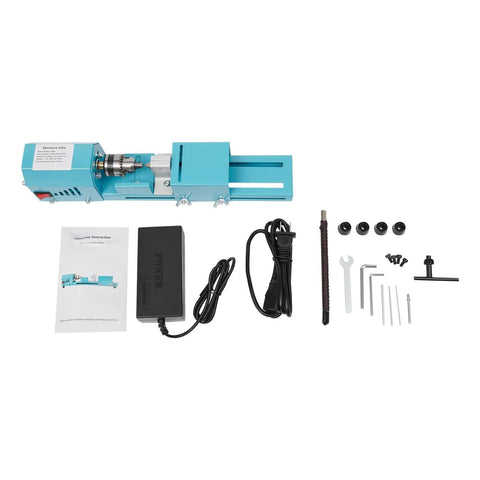 96W Mini Wood Lathe Machine With Pure Copper Motor 7 Adjustable Speeds, compact desktop tool with accessories and manual.
