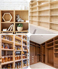 Four different shelving units showcasing organization and storage solutions in various styles and materials