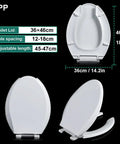 Heavy Duty Commercial Open Front Toilet Seat With Slick Soft Close Lid And White Elongated Plastic Cover, 36x46cm dimensions