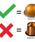 Image showing compatibility of Vertuo Line pods with a green check and Original Line pods with a red X, emphasizing correct pod usage.