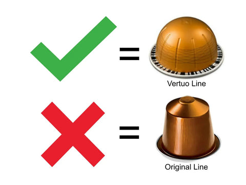 Image showing compatibility of Vertuo Line pods with a green check and Original Line pods with a red X, emphasizing correct pod usage.