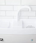 Water Saving Toilet Tank Sink System With Expansion Kit, Adaptable Fit For Most Toilets, displayed on tank, white ABS plastic