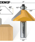 45 Degree Chamfer Router Bit With Three Quarter Inch Cutting Length And One Half Inch Shank Carbide Edge Bevel Bit With Bearing, shown with angle diagram and dimensions.