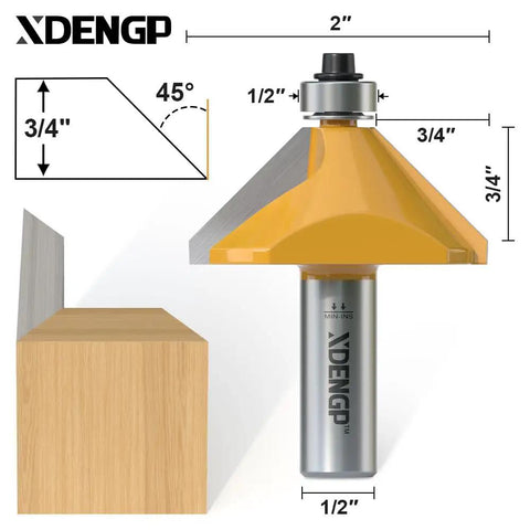 45 Degree Chamfer Router Bit With Three Quarter Inch Cutting Length And One Half Inch Shank Carbide Edge Bevel Bit With Bearing, shown with angle diagram and dimensions.