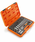 Pro Grade 60 Piece Three Eighth Inch Drive Tool Box Set Kit In Orange Case With Chrome Vanadium Tools, sockets arranged in case.