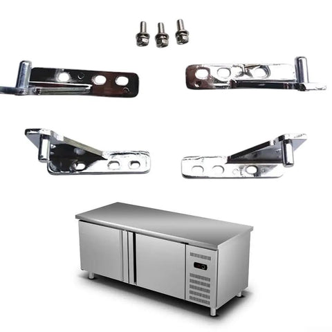 4 Piece Refrigerator Hinge Set With 35mm Wheelbase Zinc Alloy For USTAR GRISTA Commercial Fridges displayed with stainless unit