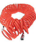 Heavy Duty Flexible Pneumatic Recoil Hose For Compressor Air Tools 12 Meter 39 Foot, bright red polyurethane coil with connectors.