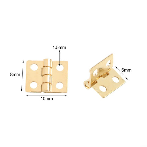 Vintage Brass Cabinet Hinges Set 50 Pieces Small 8x10mm Hinges For Drawers Jewelry Boxes Tiny Chests Wooden Cases Cabinets And Closets DIY Furniture Hardware Tarnish Resistant Smooth Operation showing front and side view