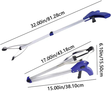 Two Pack Foldable Reacher Grabber Tool With 32 Inch Reach Lightweight Aluminum Extender Suction Cup Precision Grab Claw Garbage Picker Garden Nabber Mobility Aid Pickup Tool Easy Storage