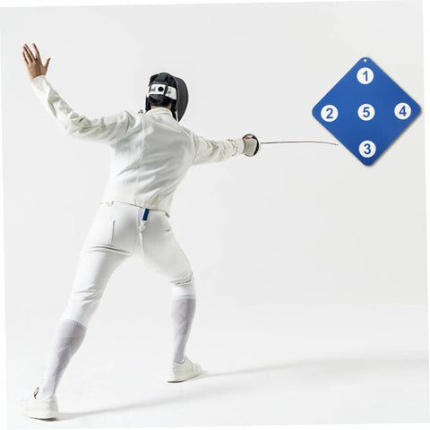 Fencer practicing thrusts on Pro Grade Double Sided Rubber Fencing Target for Training Hanging Wall Mounted Practice Tool