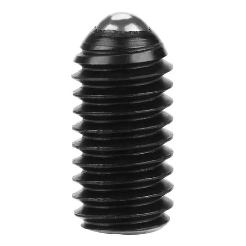 Pro-Grade M6 Carbon Steel Ball Nose Spring Plungers Hex Socket Locking Pins Ten Pack close-up of a black cylindrical pin with spherical cap