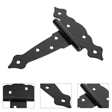 Beefy Heavy Duty Gate Hinges 6-Inch For Wood Fences, T-Post Style, black iron with weatherproof coating, close-up view.