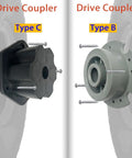 Ride On Car Upgrade Kit 6 Piece Tire Adapters And Steering Coupler Set, Type B and C drive couplers with visible screws