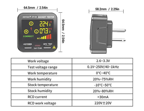 Outlet Tester With GFCI And NCV Non Contact Voltage Detection For North American Outlets showing dimensions and technical specifications.