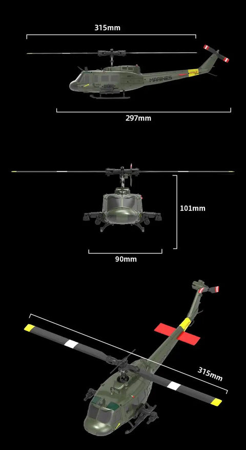 UH Huey RC Helicopter For Grownups Brushless Motor Flybarless Six Axis Gyro Altitude Hold And 3D Inverted Flight Scale