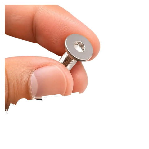 Ultra Low Profile Hex Socket Machine Screws In Tough 304 Stainless Steel Sizing From M2 To M6 For Hella Tight Clearance Fits, being held.