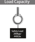 Solid As A Rock 304 Stainless Steel Eye Bolt showing safety load capacity of 440 lbs for heavy-duty rigging gear.