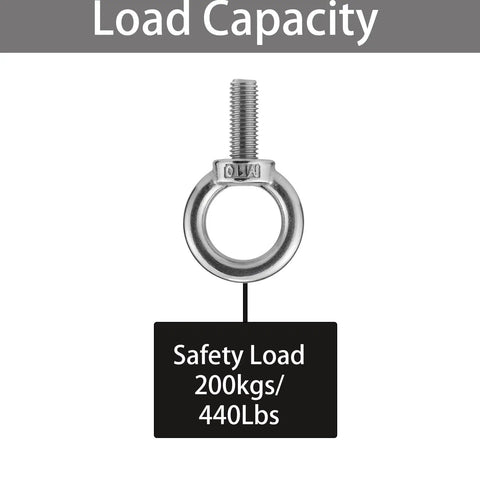 Solid As A Rock 304 Stainless Steel Eye Bolt showing safety load capacity of 440 lbs for heavy-duty rigging gear.