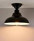 12-Inch Farmhouse Matte Black Dope Semi Flush Mount Ceiling Light With Barn Shade, Industrial Vibe Ceiling Fixture Lit View