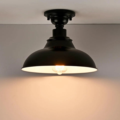12-Inch Farmhouse Matte Black Dope Semi Flush Mount Ceiling Light With Barn Shade, Industrial Vibe Ceiling Fixture Lit View