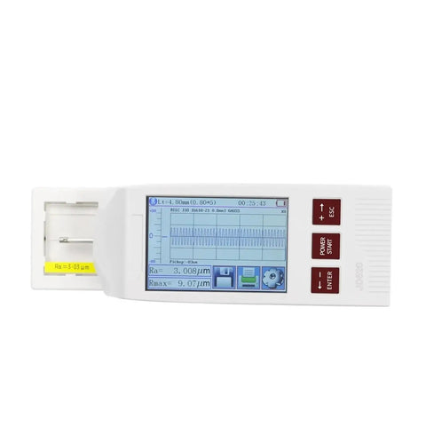 Killer Precision Portable Surface Roughness Tester Meter Featuring Slick 2.4 Inch Backlit LCD Screen showing readings of surface texture.
