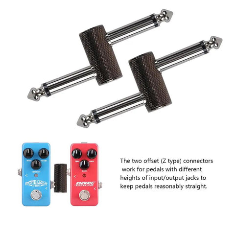 Two Z-type angled Guitar Pedal Patch Connectors One Quarter Inch Male To Male Four Pack with guitar effects pedals displayed.