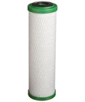 Under Sink 10 Inch Carbon Water Filter Cartridge For Chlorine Taste And Odor Reduction 0.5 Micron Multi Media Fits All 10 Inch Housings Premium Replacement Cartridge close-up with green end caps