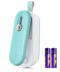 Portable 2 In 1 Mini Bag Sealer With Cutter And Lanyard for chips and snack bags, shown with included batteries