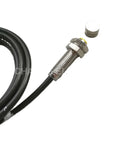 Front view of M8 permanent magnet switch, normally open, 10 mm sensing distance, metal threaded body with black cable.