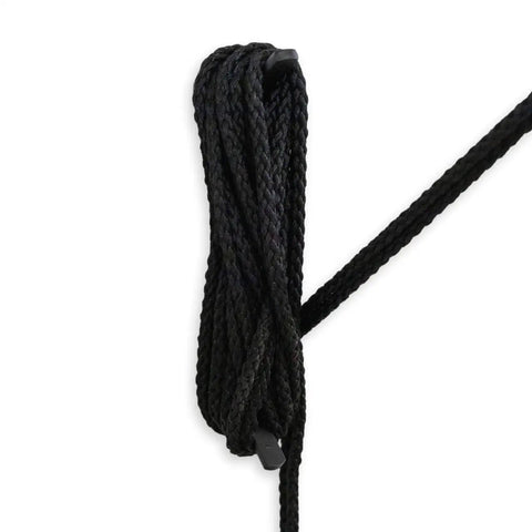 Close-up of black rope from the Garage Ceiling Pulley System 2 Pack For Kayaks And Canoes, Heavy Duty Overhead Storage Lift Holds Up To 150 Lbs, 2 To 1 Mechanical Advantage.