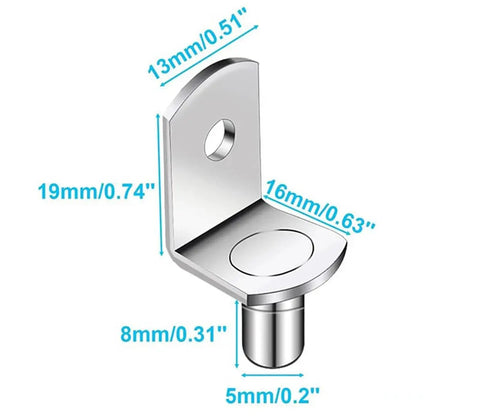 Heavy Duty Shelf Pegs With L Shaped Brackets And Nickel Plated Pins showing dimensions for strong closet pantry and garage storage.