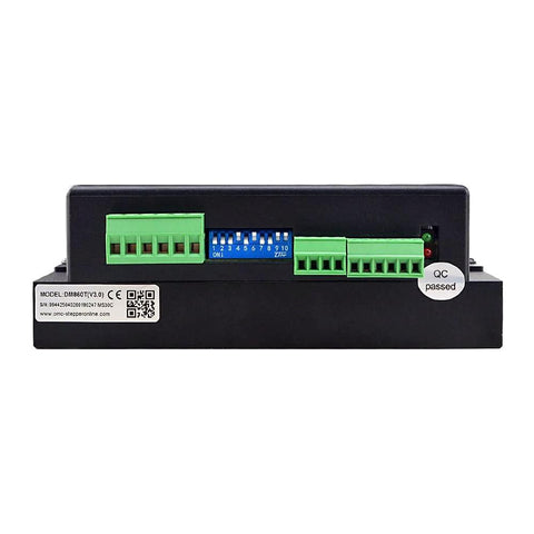 DM860T CNC stepper motor driver, front view with blue DIP switch and green terminal blocks in black enclosure