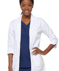 Contemporary Fit Women's Three Quarter Sleeve Twill Lab Coat 30 Inch Length White Notched Lapels Button Front
